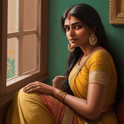 AI generated: a painting of an indian woman sitting near a window, in the style of beautiful women, playfully intr...