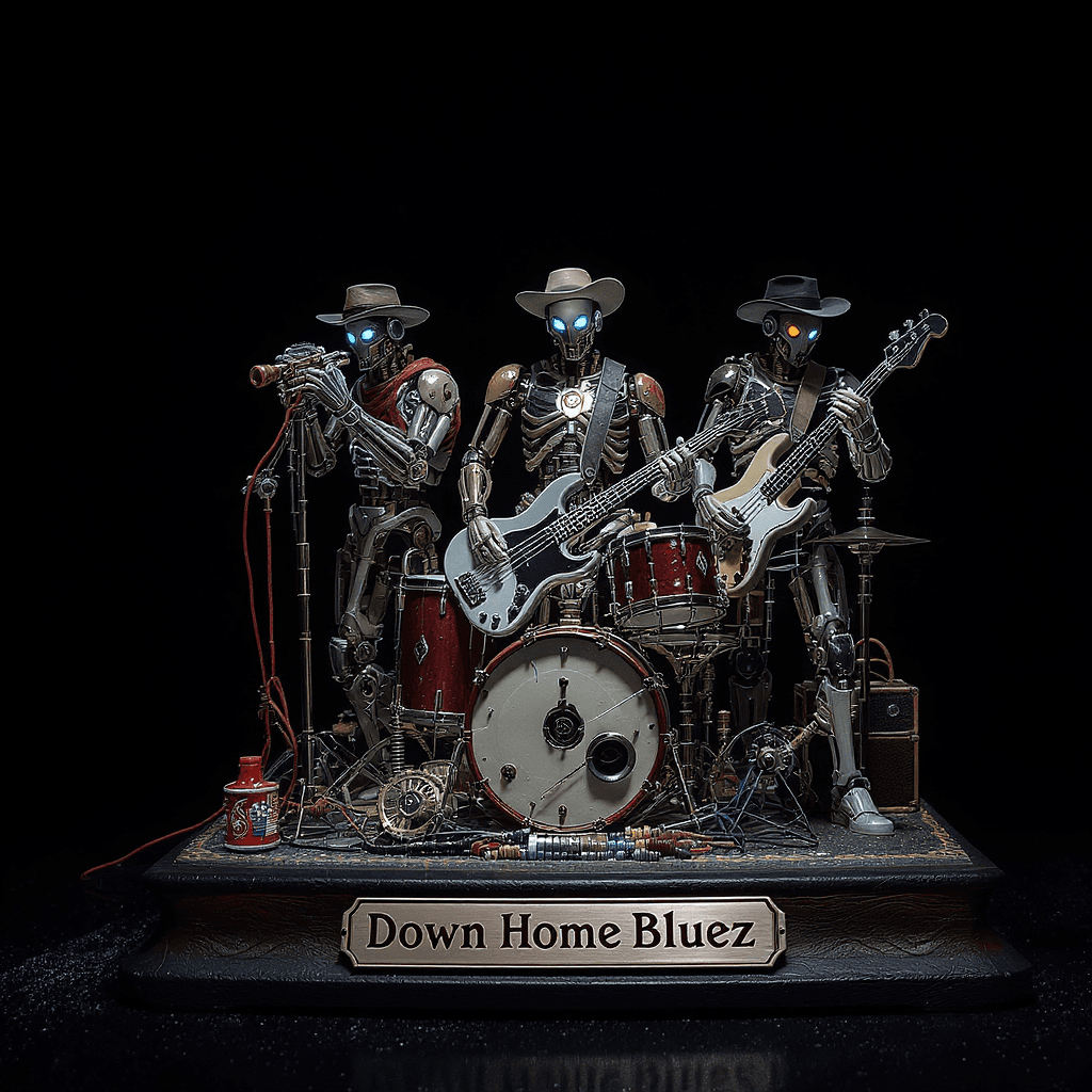 AI generated: Centered image. 400 pixels. A small sculpture of a mechanical bluez band with articulated instrument...