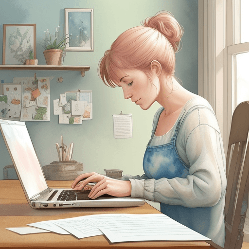 AI generated: A woman works from home and working on the laptop in the style of a watercolor character illustratio...