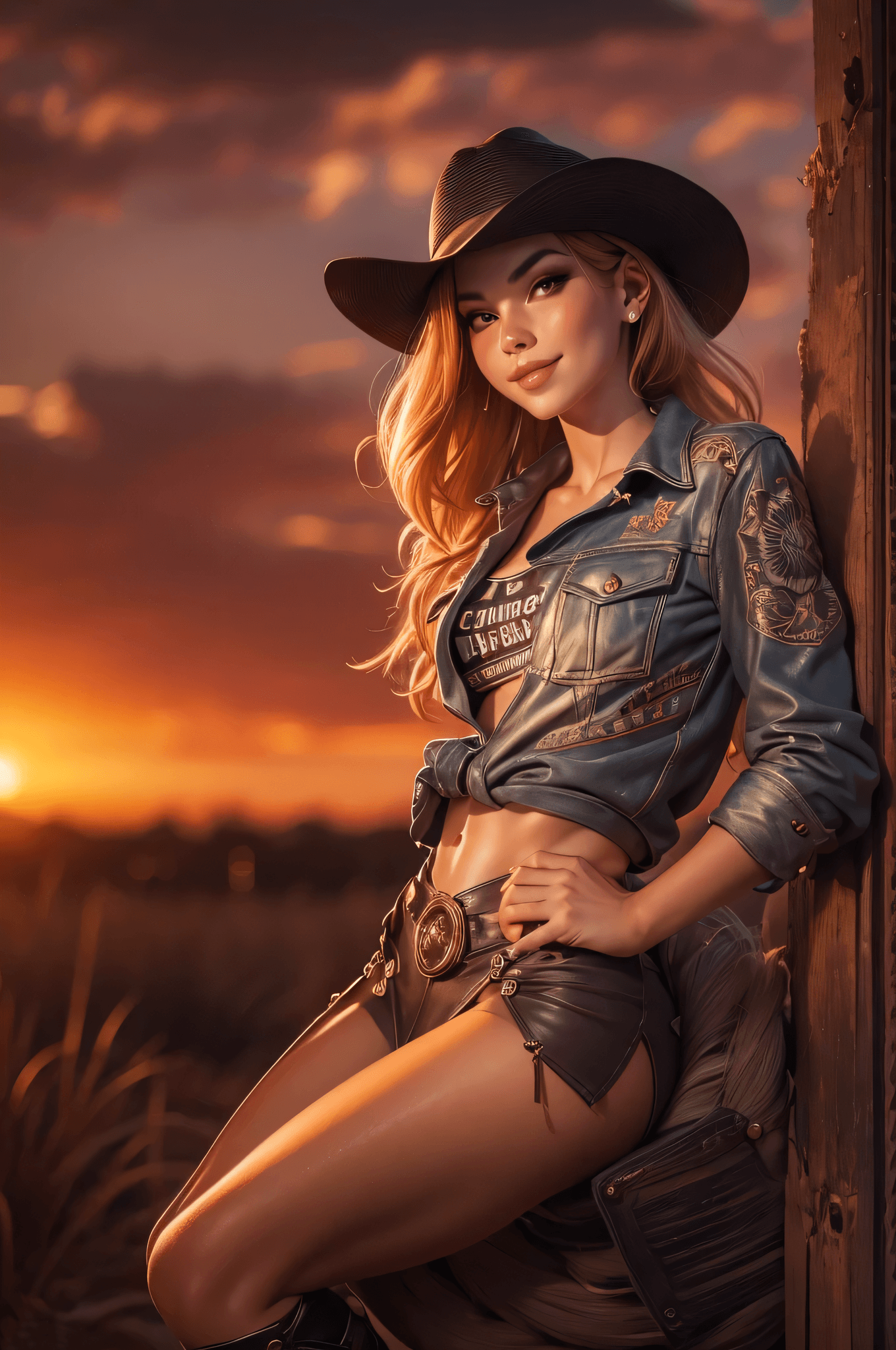 AI generated: A country girl wearing a cowboy outfit at sunset, epic shot, Portrait photography by Art Germ, reali...