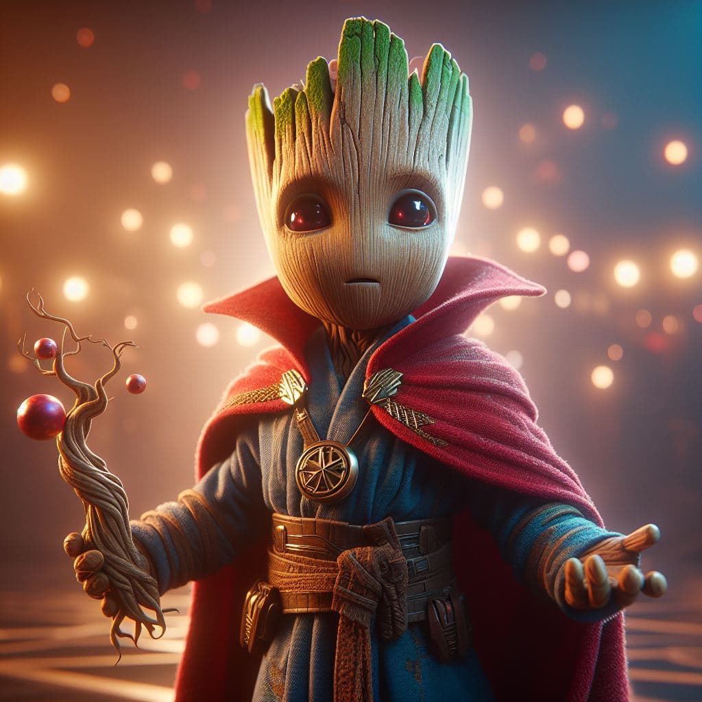 AI generated: Baby Groot of Marvel, disfrazado de Doctor Strange, masterpiece, 8K, octane render, ray-tracing
