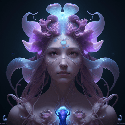 AI generated: Goddess close-up portrait ribcagel. jellyfish phoenix head, nautilus, orchid, skull, betta fish, bio...
