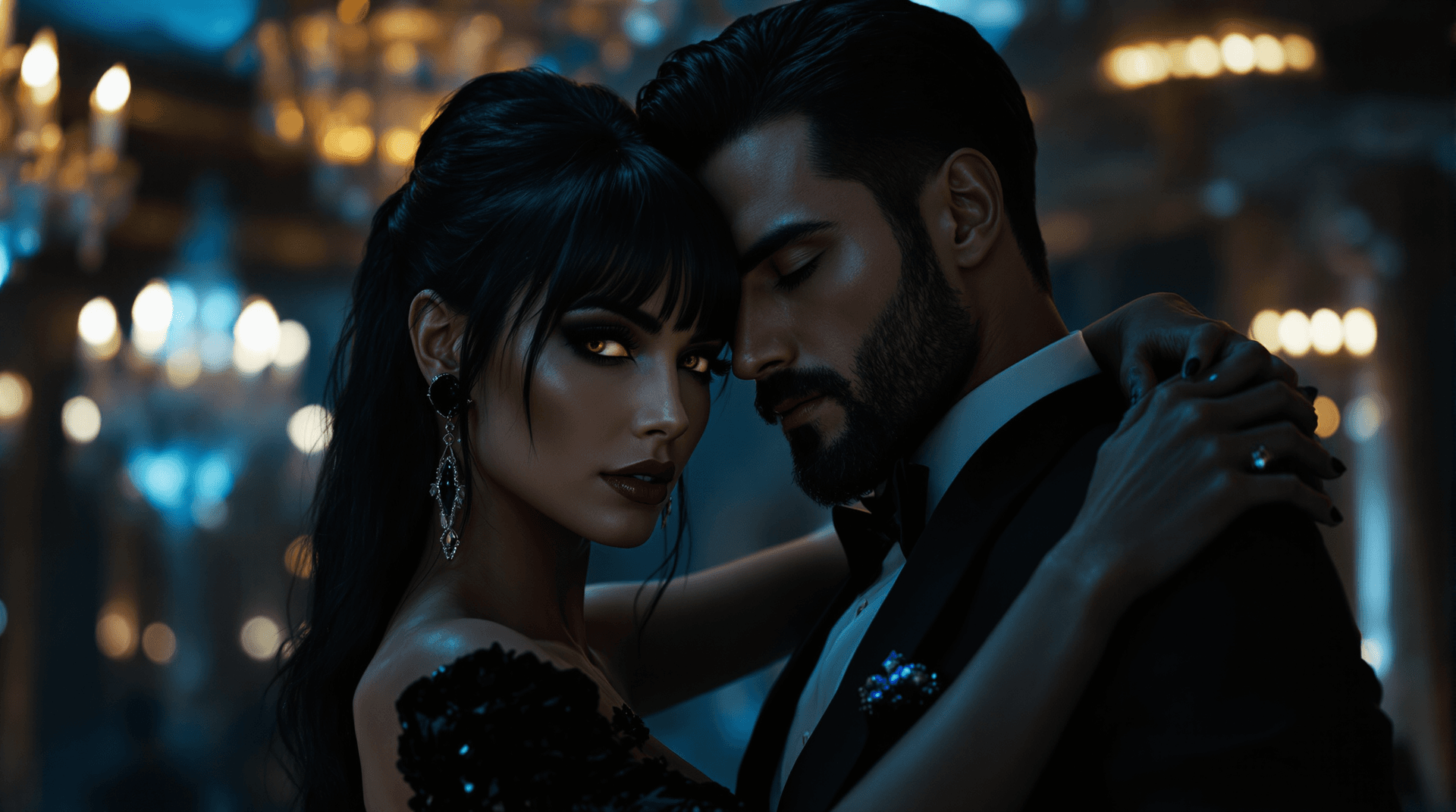 AI generated: Extreme close-up intimate dance pose, featuring Lilith (stunning woman in sleek black evening dress,...