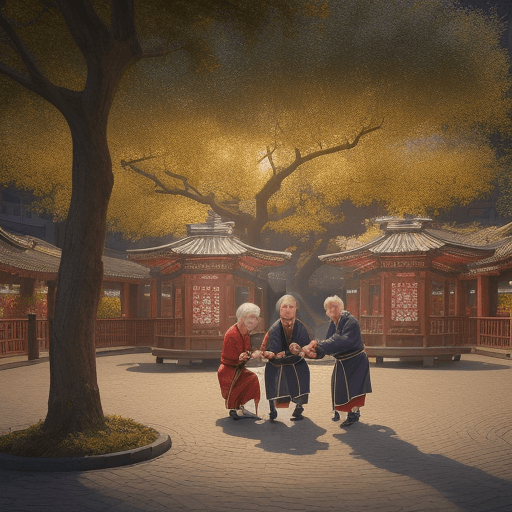 AI generated: High resolution photography, AN urban PARK, elderly people performing taixi, surrounding trees, cozy...