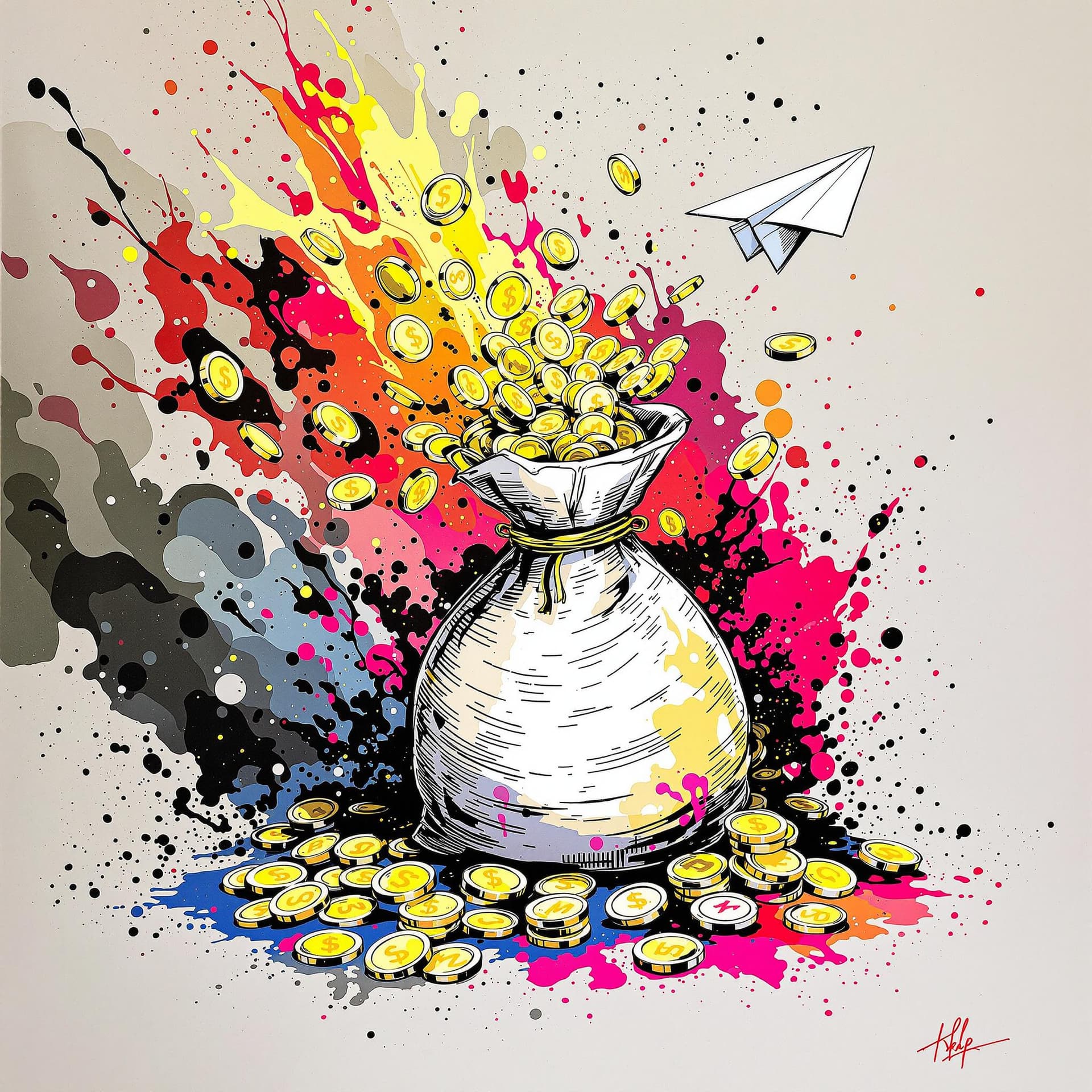 AI generated: Coins, A money bag overflowing., paper airplane, detailed,full-body shots,ink style,Ink splash art o...