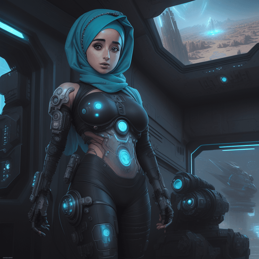 AI generated: Hijabi cute girl ((Jeanine Mason)) with cyberpunk prosthetics, with QURAN, in islamic dress, long ha...