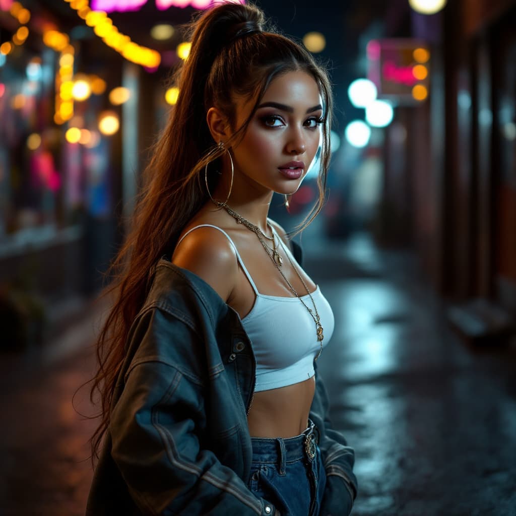 AI generated: Super-Realistic potrait of Ariana Grande standing at photoshoot location, worn a detailed texture ch...