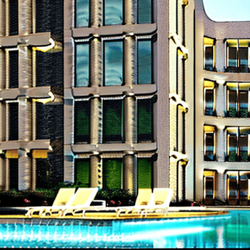 AI generated: aurora ,delight night ,a large building with a pool in front of it, ornate retreat, breathtaking ren...
