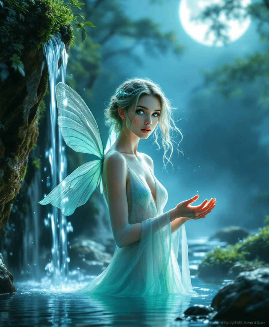 AI generated: A stunning fantasy image of an ethereal fairy princess she is (25-years-old) with glowing sapphire-b...