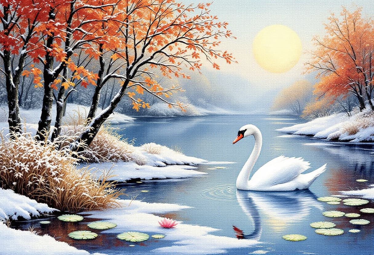 AI generated: Painting of a white swan swimming in a pond. the swan is facing towards the right side of the image,...