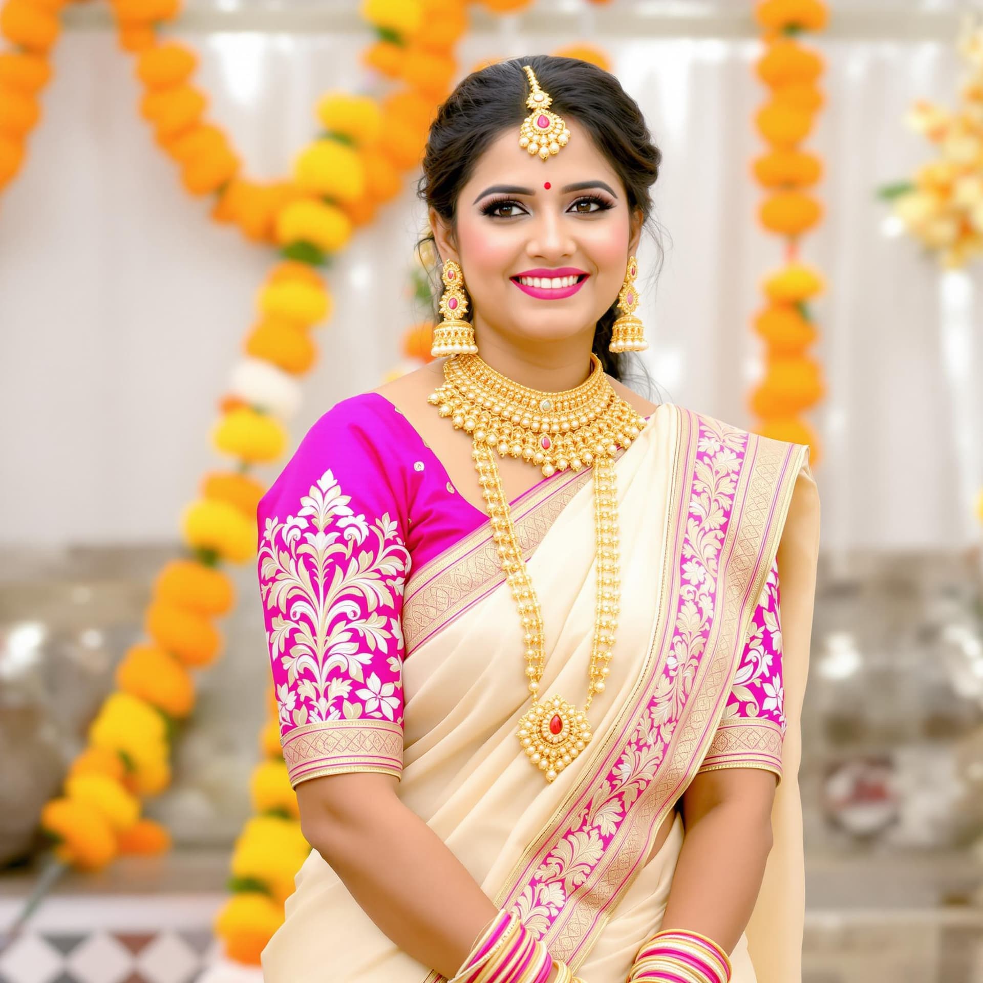 AI generated: The image features a woman dressed in traditional attire, specifically a cream-colored saree with a ...