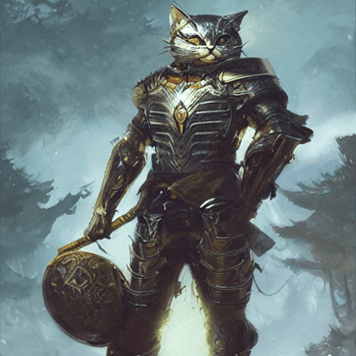 AI generated: cat wearing armor of japanese design, character illustration by Aaron Miller, Greg Rutkowski, thomas...