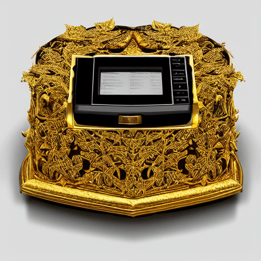 AI generated: Generate a 3D image of a book-shaped safe, completely covered in gold with an intricate and futurist...