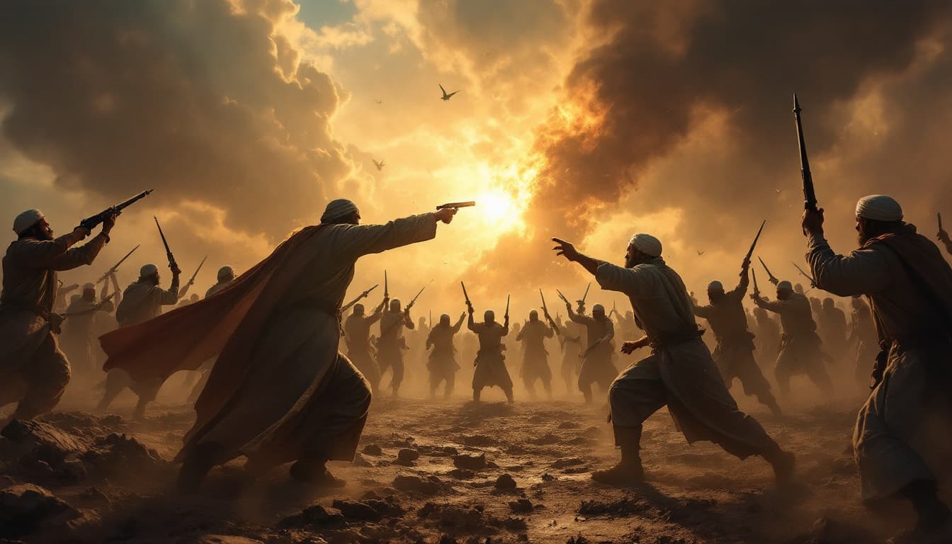 AI generated: epic scene of Christians and Muslims fighting together against evil terrorists