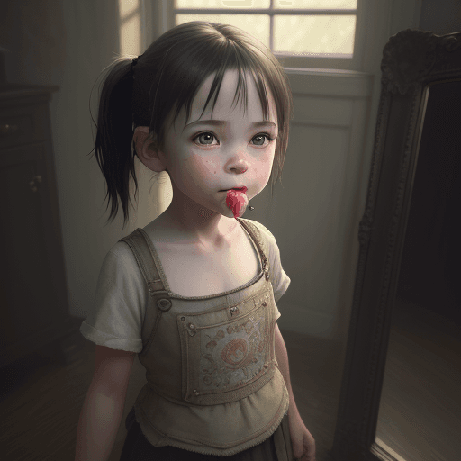 AI generated: Photo of a ultra realistic little girl, tasteful pose, oiled, standing for mirror, smug, happy face,...