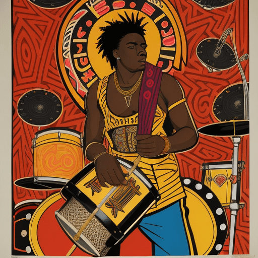 AI generated: a poster depicting a player with a drum, in the style of maximalist, Cuban iconography, black arts m...