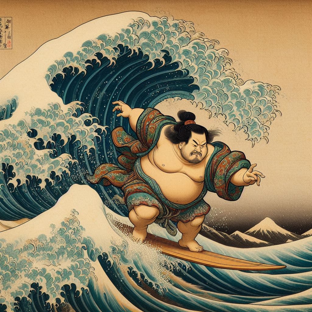 AI generated: A sumo wrestler surfing a big wave, medieval japanese painting