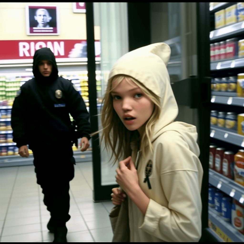 AI generated: screen cap restored from security camera,a sneaky thief girl sasha luss stealing in grocery store, h...