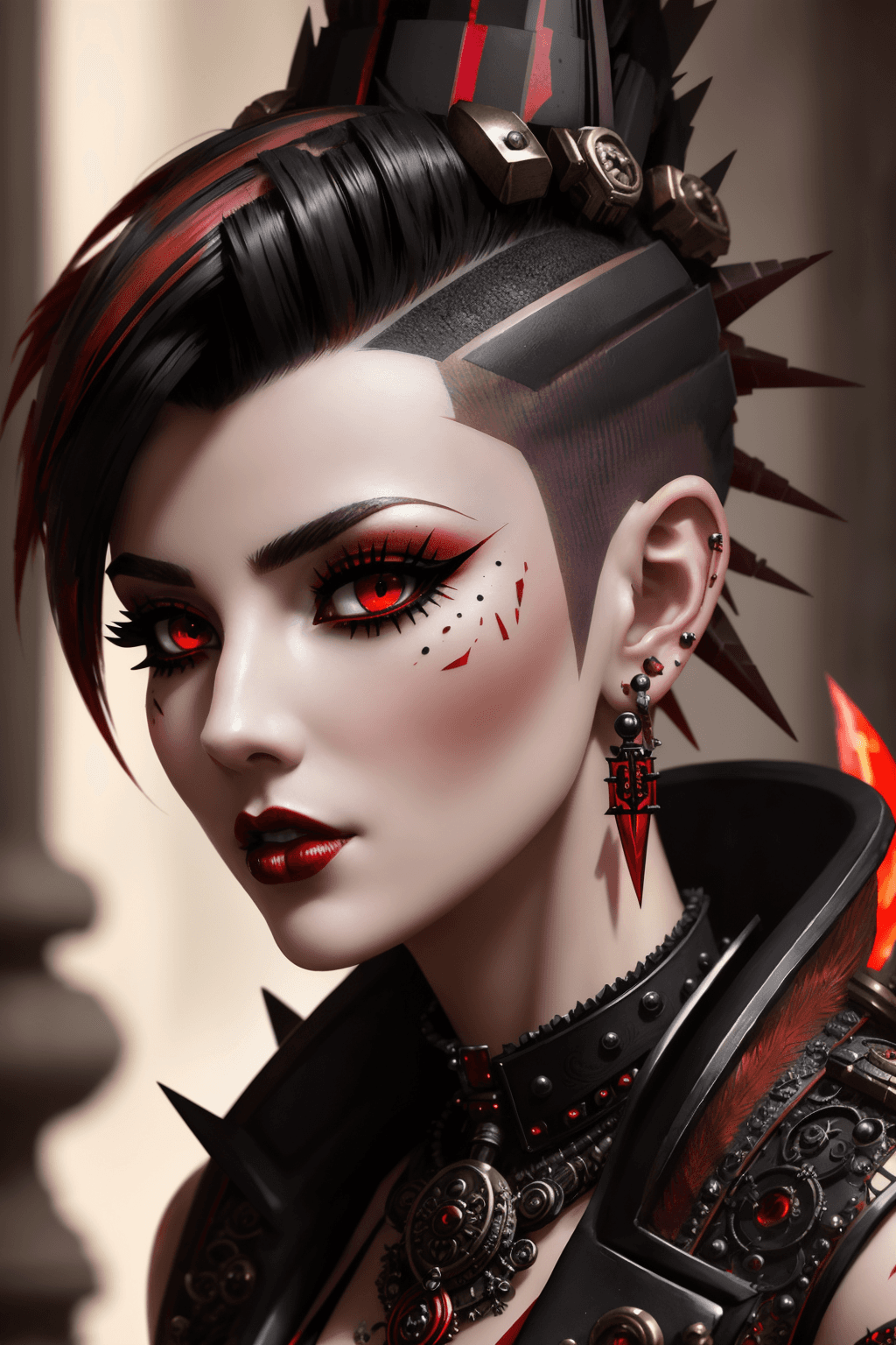 AI generated: woman in ancient stone temple, steampunk, gothic, (((detailed red and black Mohawk punk hairstyle)))...
