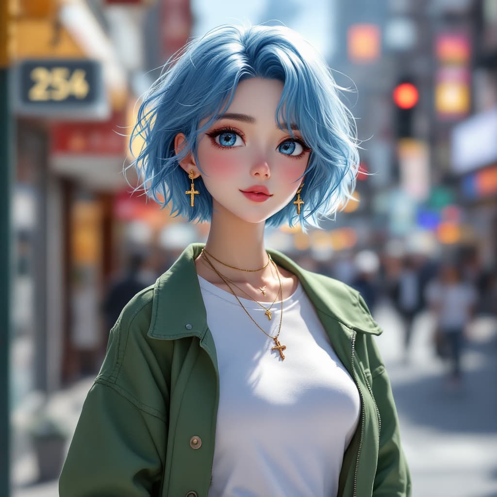 AI generated: "A highly detailed anime-style female character standing in a busy urban street. She has short, wavy...