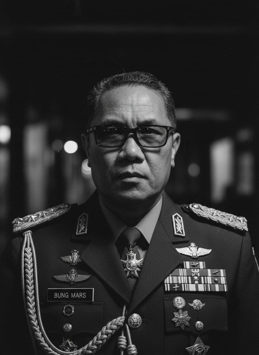 AI generated: photograph close up portrait based on image provided look tough decorated general,with name tag BUNG...