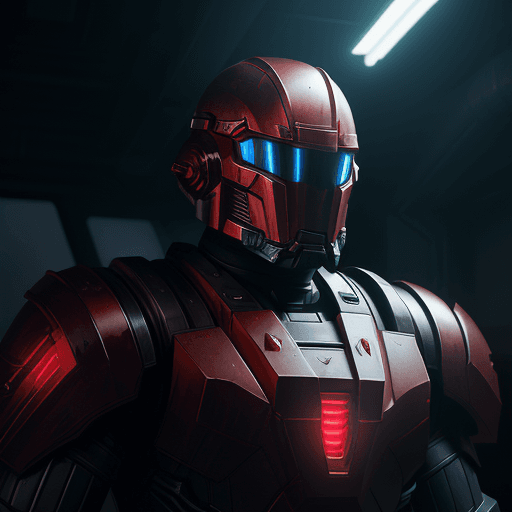 AI generated: ultra-wide photo red sci-fi armor with cyber helmet, lights on cyber mask, full armor, insulated arm...