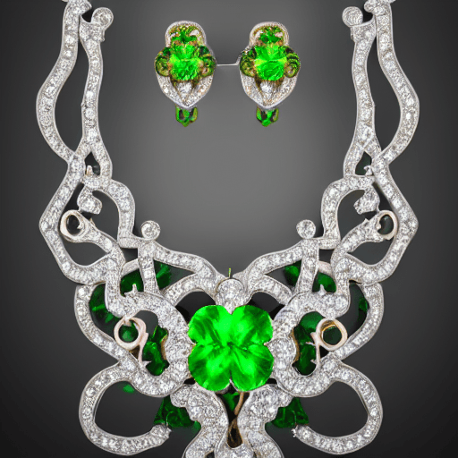 AI generated: full display of baroque style jewelry design, a pair of earrings, green gemstones with four-leaf clo...