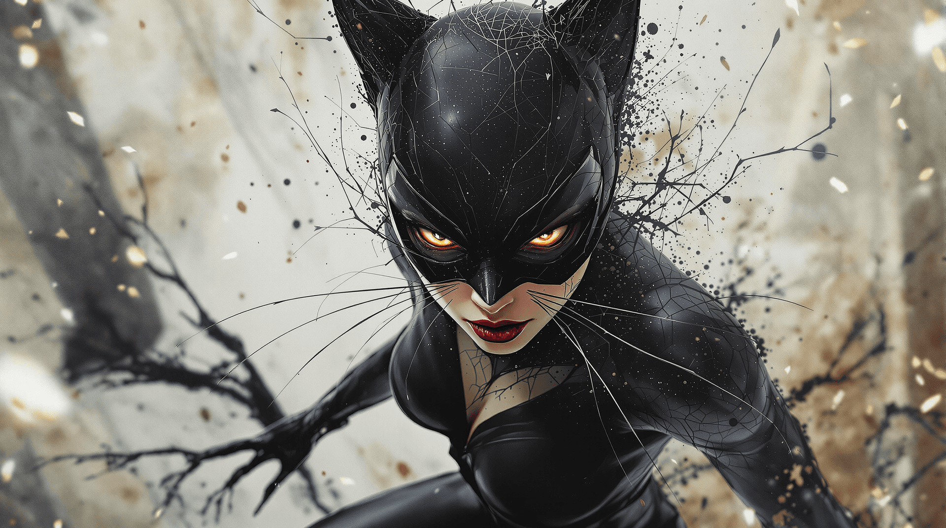 AI generated: A photorealistic, high-angle half-body shot of Catwoman, portrayed in an overexposed, dynamic pose. ...