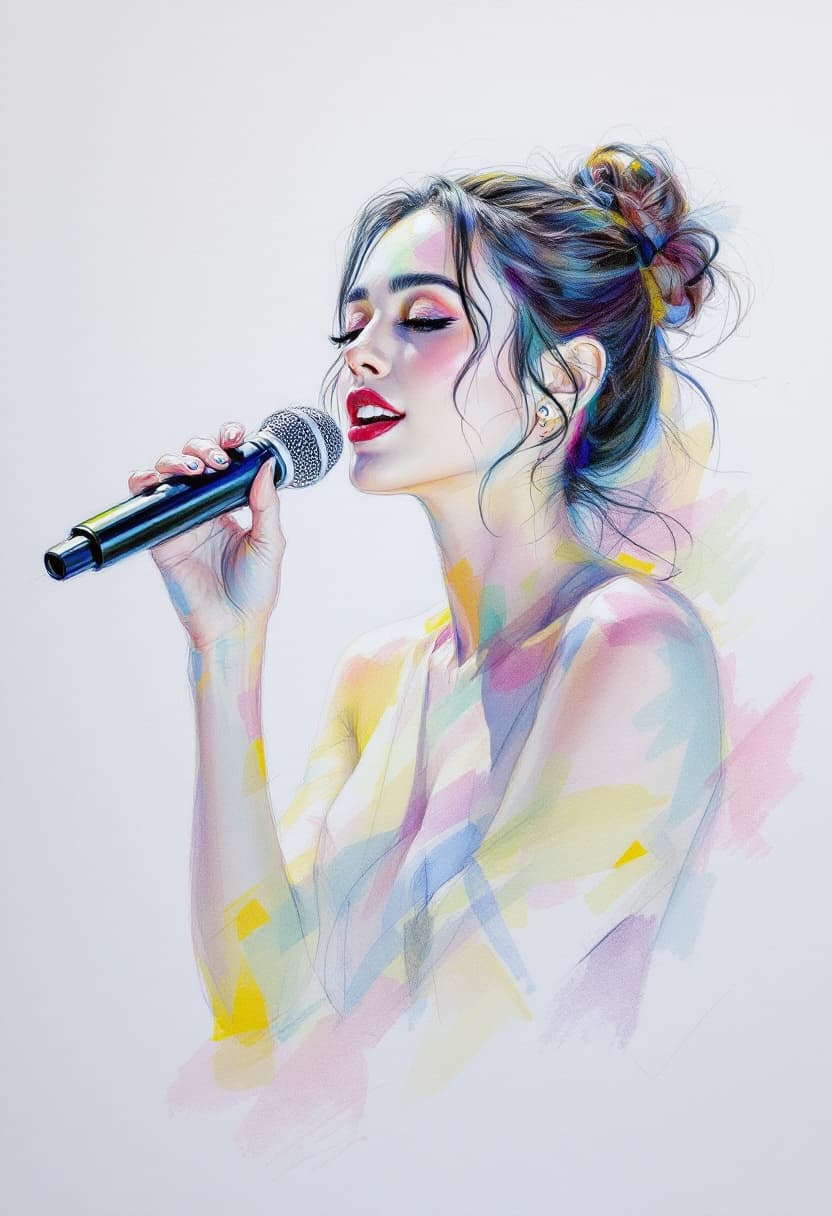 AI generated: Sketch Art, Beautiful Colored Pencil Line, Artistic Brush Strokes, Beautiful, Woman Holding Micropho...