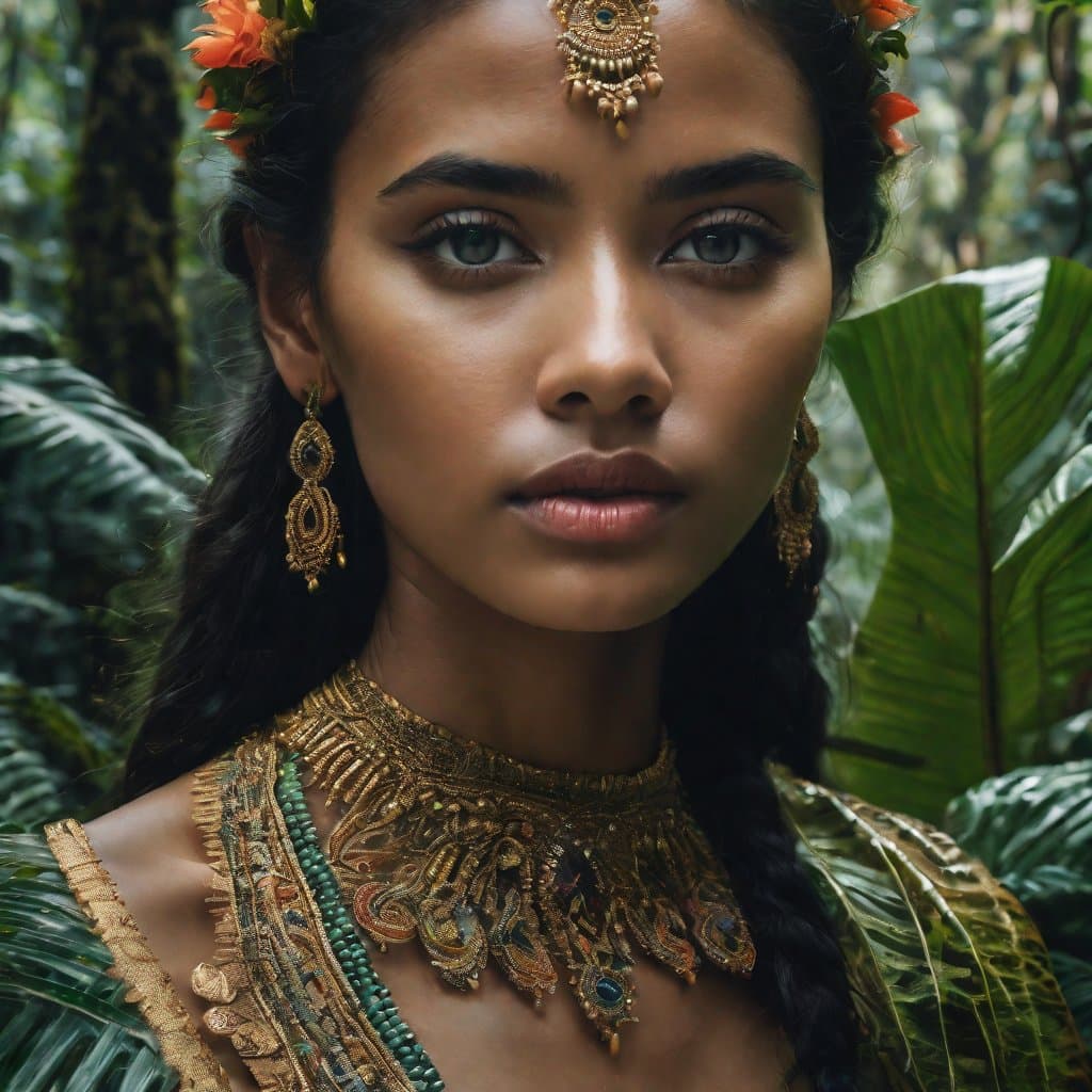AI generated: Extremely detailed close up photo of a woman standing above a rainforest, her eyes vibrant with a ot...