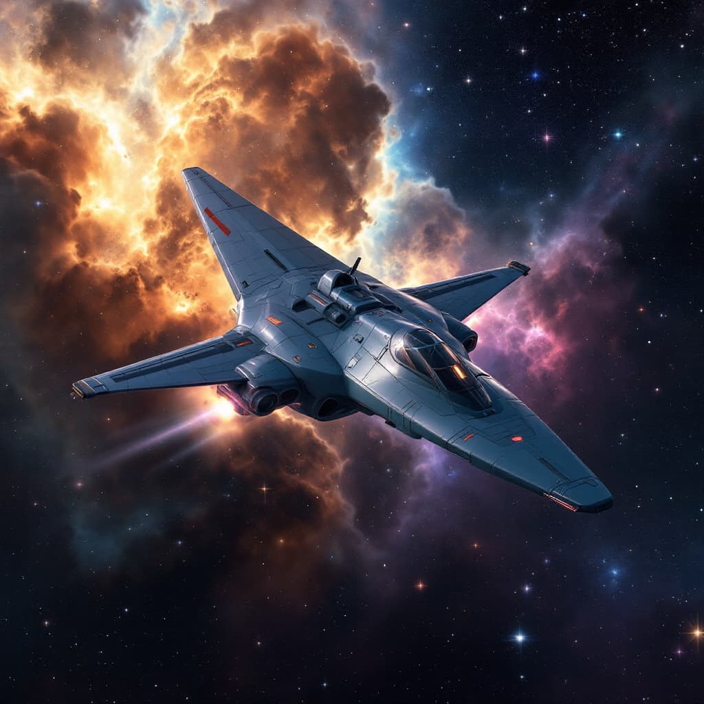 AI generated: create a luigi colani like spaceship in retro style seen in a fly-by motion in front of a nebula, wi...