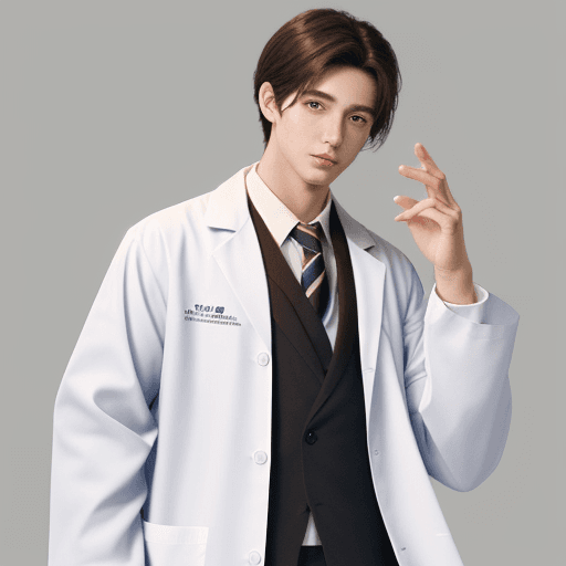 AI generated: young male handsome doctor, whiteskin ,brown hair, white lab coat, anime style, 4k