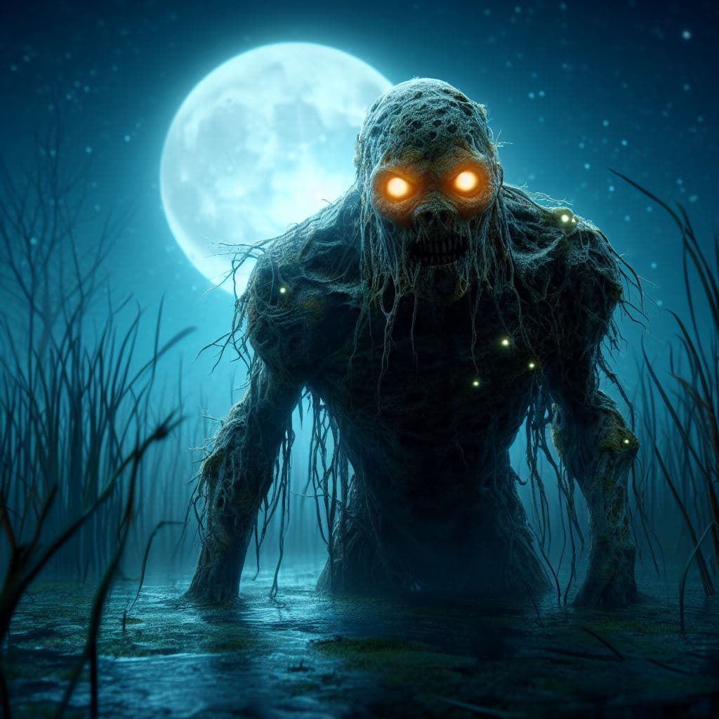 AI generated: The thing from the swamp, scary, in a swamp area with glowing eyes, at night, full moon, mystical, v...