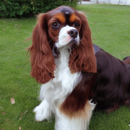 AI generated: 4 King Charles Cavalier Spaniels: 2 Tricolour and 2 Blenheim playing with apples