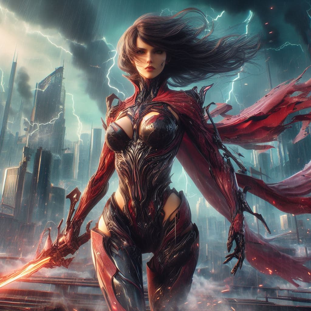 AI generated: Badass woman wearing a damaged organic corset and a short, proud pose, epic composition, warframe, U...