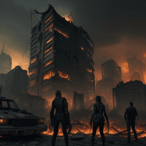 AI generated: A (time of day) scene of a Cyberpunk post-apocalyptic city in ruins and flames. A group of (type of ...