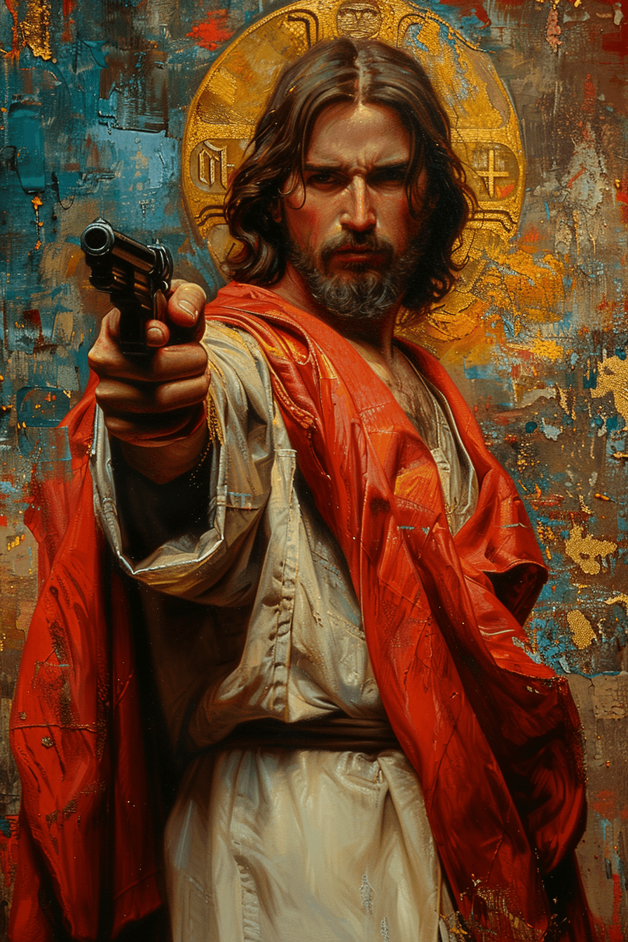 AI generated: A man pointing at the viewer with a gun, religious painting style with a colorful background, high r...
