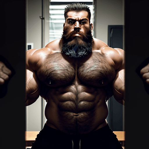 AI generated: A striking image of a rugged, muscular man with a broad, imposing physique. His bulging muscles are ...