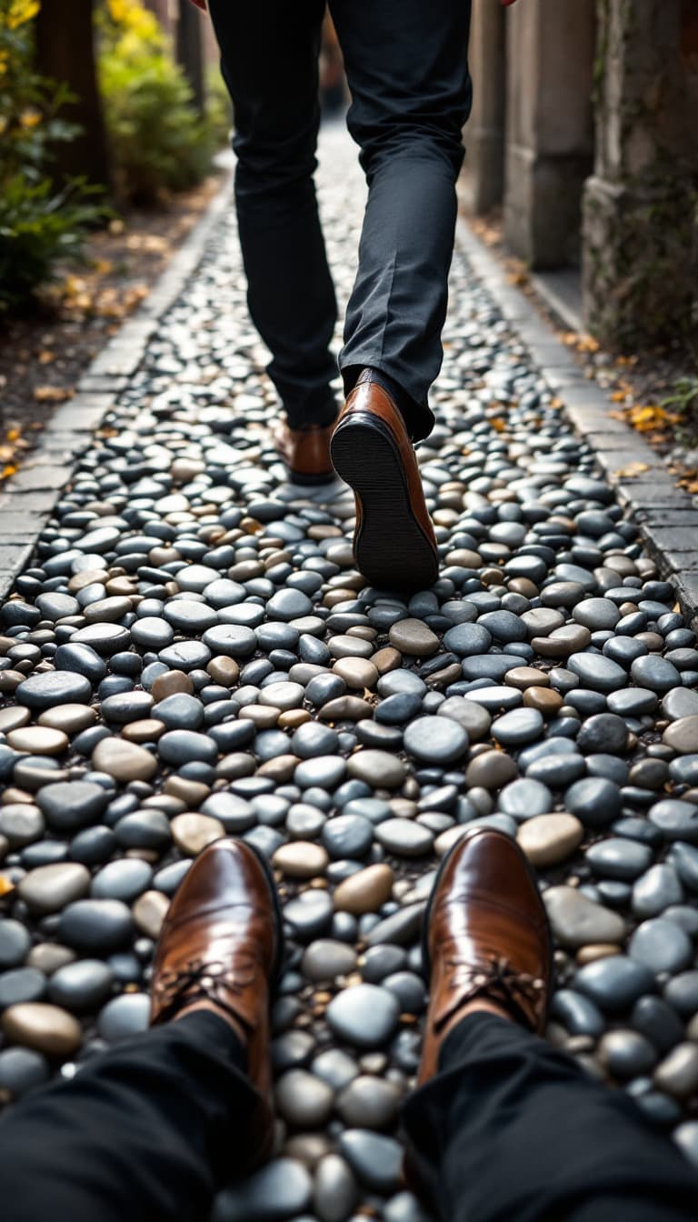 AI generated: Siguiendo las pisadas, que se vean solamente los pies de un hombre con pantalón y zapatos, elegante ...