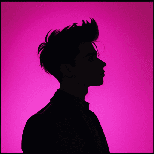 AI generated: photography, portrait of contrast, profile silhouette of a young man, vibrant hot pink backdrop, vis...