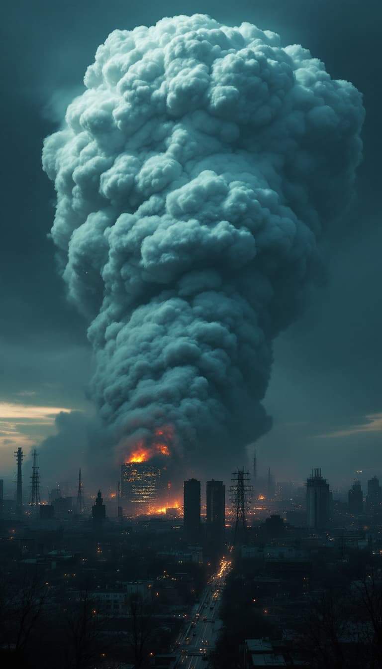 AI generated: Realistic photo of the Chernobyl nuclear disaster, showing a big cloud of radioactive material being...