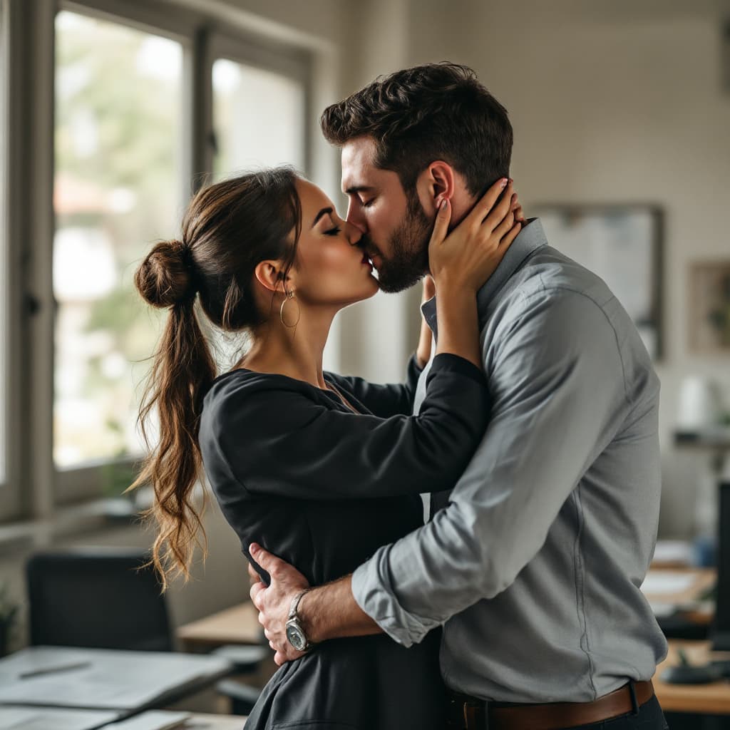 AI generated: A woman and man sharing a passionate kiss in an office, standing by a desk. the woman holds the othe...