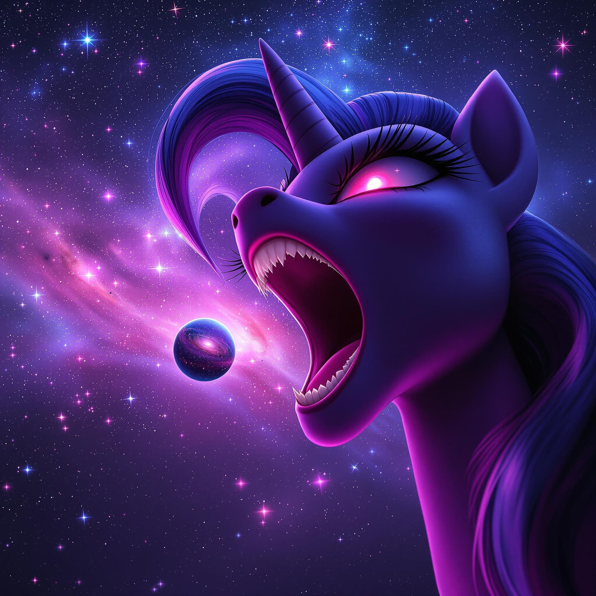 AI generated: enormous giantess twilight sparkle from my little pony
bigger than a galaxy floating in space, minus...