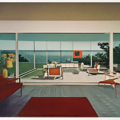 AI generated: hyper realistic eye level exterior photo of a mid century modern style house overlooking the ocean, ...