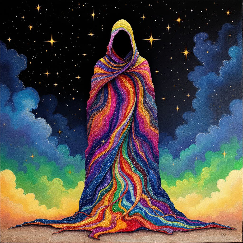 AI generated: A cloaked figure with a long, flowing cloak stands against a starry sky background. Swirling pattern...