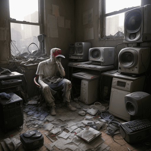 AI generated: mewtwo as a homeless, indigent, red glasses with tape, old clothes, torn, dirty and holey clothes, s...