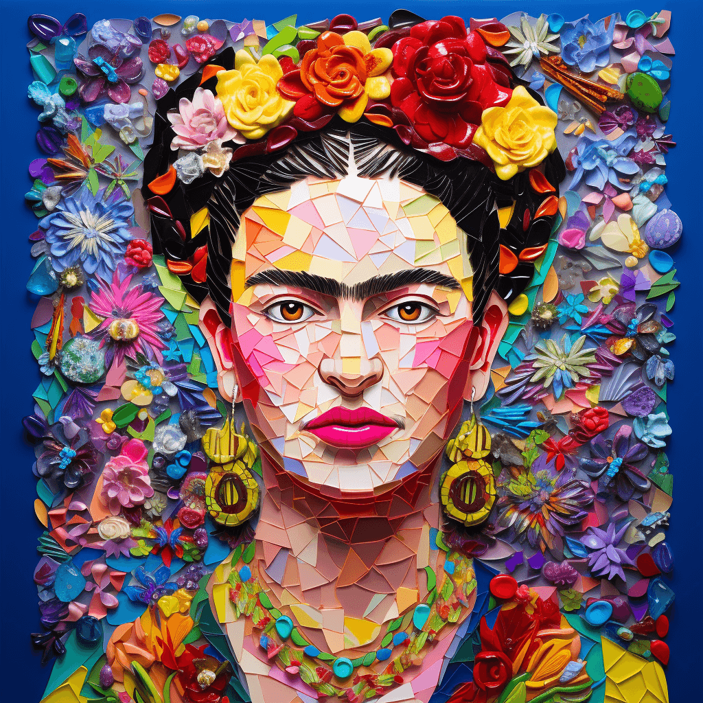 AI generated: a vibrant woman in the style of frida kahlo in mosiac format, brightly coloured, highly detailed 