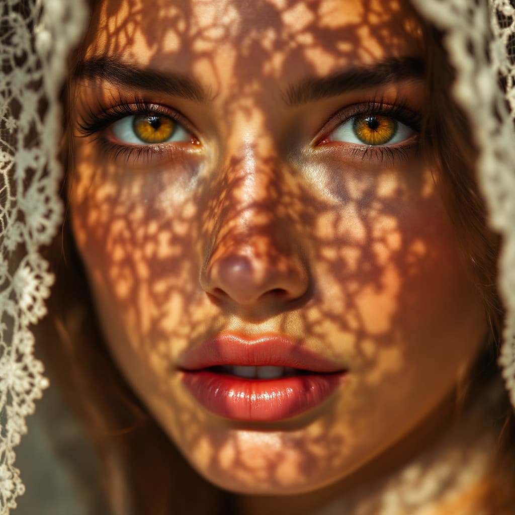 AI generated: A close-up portrait of a woman with golden-brown eyes, partially covered by a lace veil, with sunlig...