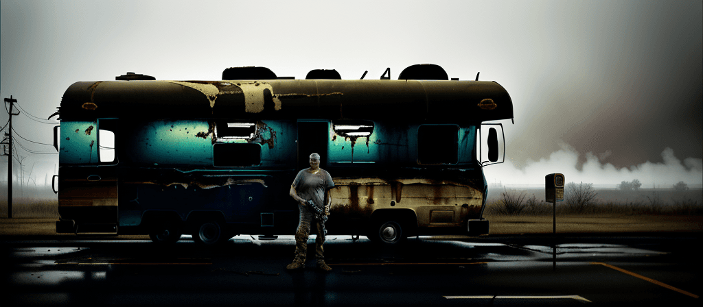 AI generated: david fincher style, man, veteran, 45 years old, outside of a decrepit rv, next to abandoned gas sta...