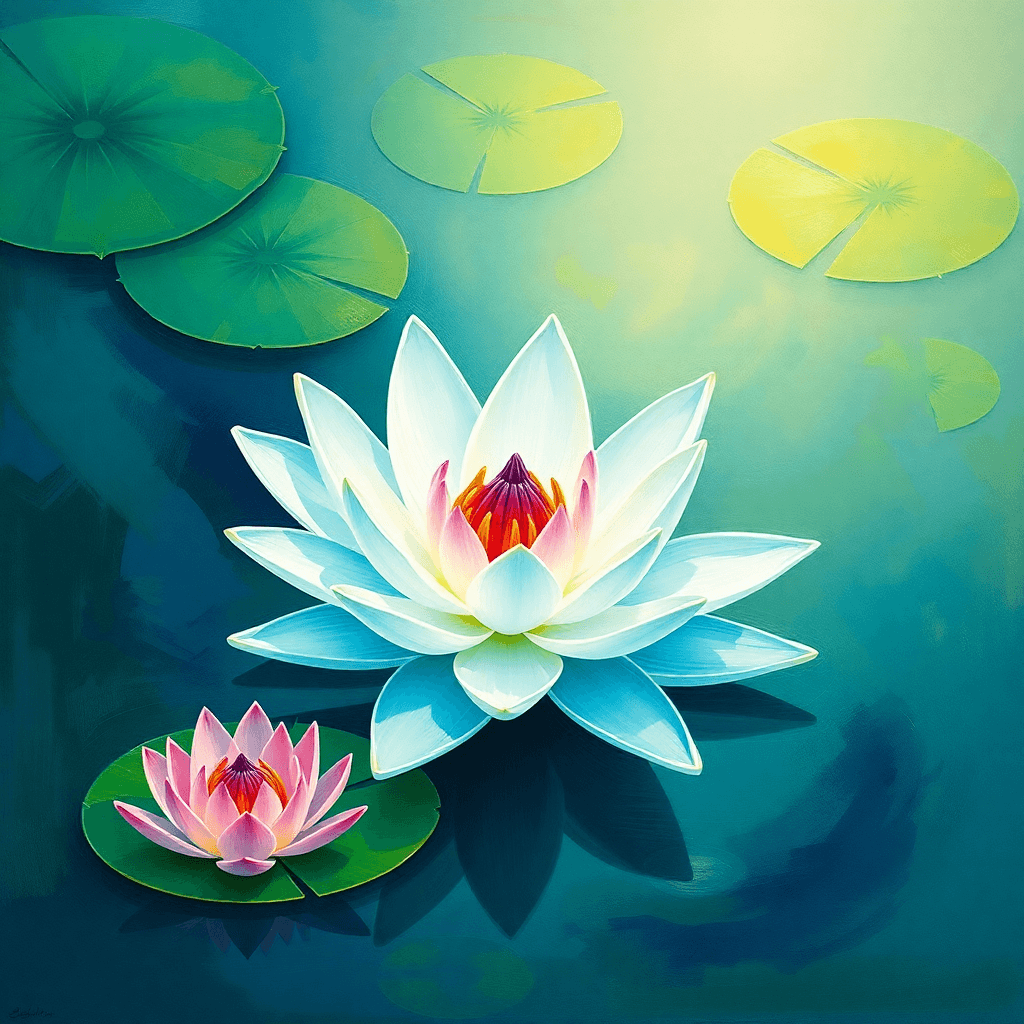 AI generated: make like an art painting, add some water lily, make in dimensions 2:1